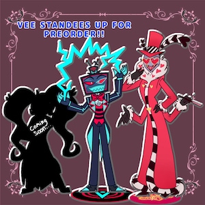 May include: Illustration of three cartoon characters. The central figure is a humanoid with a TV screen head, wearing a suit and holding blue lightning bolts. To the right is a red-clad character with a top hat. A black silhouette is on the left with the text "Coming Soon..."