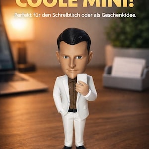 Könnte beinhalten: Eine Bobblehead-Figur eines Mannes in einem weißen Anzug, der ein Telefon hält. Die Figur hat schwarzes Haar und trägt ein braunes Hemd und schwarze Schuhe. Der Text im Bild lautet "DEINE FIGUR ALS COOLE MINI!" und "Perfekt für den Schreibtisch oder als Geschenkidee."