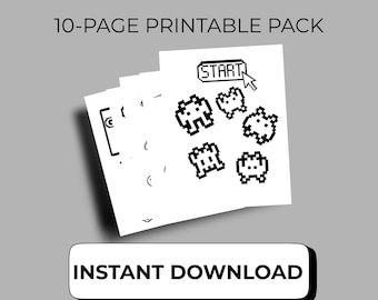Dibujos para colorear de videojuegos de píxeles para imprimir - Hojas para colorear de videojuegos retro, descarga digital