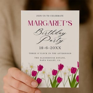 Convite de aniversário floral | Modelo de festa no jardim para ela | Cartão de tulipa e margarida editável do Canva | Tema floral elegante | Download digital