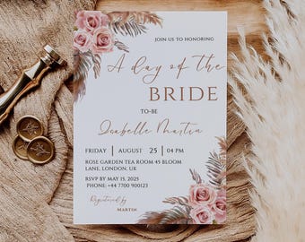 Editable Boho Bridal Shower Invitation, Pampas, Boho Floral, Printable or Text Invite