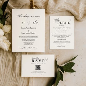 Minimalistische huwelijksuitnodigingbundel QR-code, minimale uitnodigingssjabloonset, moderne uitnodigingssuite, elegante online RSVP, detailkaart