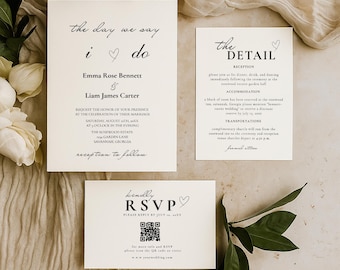 Elegant Wedding Invitation Suite, Modern Minimalist Design, RSVP & Detail Cards