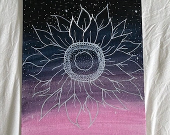 Hand Painted Sunflower Canvas Art | Pink Purple Galaxy Floral Wall Decor