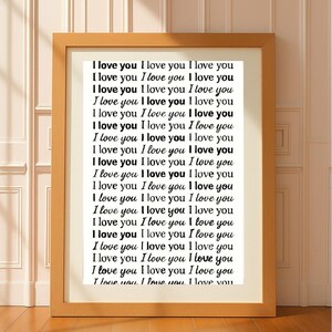 I Love You Repeating Wall Art – Minimal Black & White Typography Print – Romantic Digital Download for Bedroom or Gallery Wall