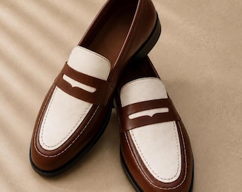 Handmade Two-Tone Leather Penny Loafers, formal dress shoes, office wedding footwear