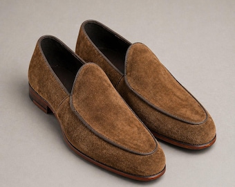Handmade Men’s Brown Suede Loafers - Italian Style Slip-On Dress Shoes - casual wear shoes