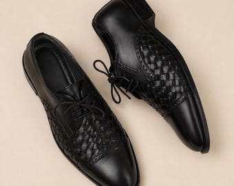 Black Woven Leather Oxford Shoes | Men's Formal Lace-up Dress Shoes