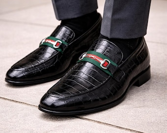 Handmade Black Crocodile Leather Loafers for Men | Luxury Horsebit Dress Shoes, Formal Slip-On Footwear