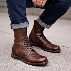 May include: Brown leather boots with a cap toe and lace-up closure. The boots have a rugged, worn appearance and are paired with blue jeans. The boots appear to be approximately 25 cm tall.
