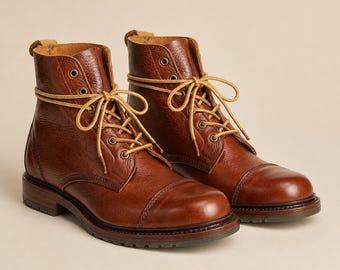 Handmade Brown Leather Cap Toe Boots: Rugged Lace-Up Ankle Boots, Men formal boots, Classic dress shoes, Goodyear welted