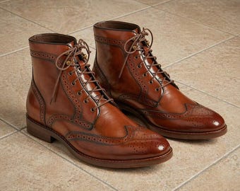 Botas Brogue de cuero marrón hechas a mano para hombre: Botines con cordones, botas de vestir con puntera de ala, calzado formal e informal para hombre.