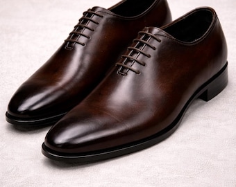 Men's Dark Brown Leather Oxford Shoes | Whole Cut Lace-Up Dress Footwear