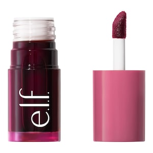 May include: A dark berry-colored lip stain in a cylindrical container with the text e.l.f. printed in white. The product includes a separate pink cap with an attached applicator wand featuring a dark berry-colored sponge tip for application.