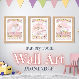 Rosa Schwan Kinderzimmer Wandkunst 3er Set – Baby Girl Room Decor zum ausdrucken Boho Schwan Digitale Drucke fürs Kinderzimmer – Mädchen Schlafzimmer Kunst