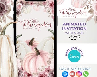 Könnte beinhalten: Ein Smartphone zeigt eine digitale Einladung mit Kürbis-Motiv. Das Design zeigt Aquarellkürbisse in Rosa und Weiß, florale Akzente und den Text "A Little Pumpkin is on the Way". Die Einladung ist animiert und enthält Musik.