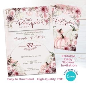 Puede incluir: Invitación a un baby shower con temática floral y calabazas. La invitación presenta el texto "a little pumpkin is on the way" y los detalles del baby shower de Amanda y Mike. Incluye calabazas, flores y la fecha.