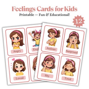 Tarjetas imprimibles de sentimientos y emociones para niños: 12 tarjetas de memoria de emociones + 12 tarjetas de actividades "Siento" + 6 tarjetas de historias / Aprendizaje social y emocional (SEL), terapia, aula