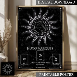 Negro Celestial, Carta Natal Personalizada, Mapa Astrológico Personalizado, Impresión Digital, Póster Decorativo, Regalo Simbólico de Cumpleaños, Arte Místico Esotérico