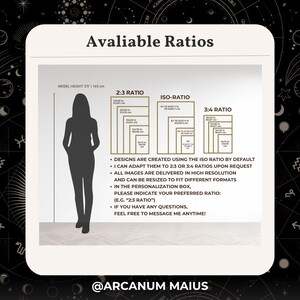 Peut inclure: Un graphique pr&eacute;sentant les formats d'impression disponibles pour les &oelig;uvres d'art. L'image comprend une silhouette d'une personne, des exemples de tailles en centim&egrave;tres et en pouces, et du texte expliquant les options de personnalisation. Le texte comprend "2:3 RATIO", "ISO-RATIO", et "3:4 RATIO".