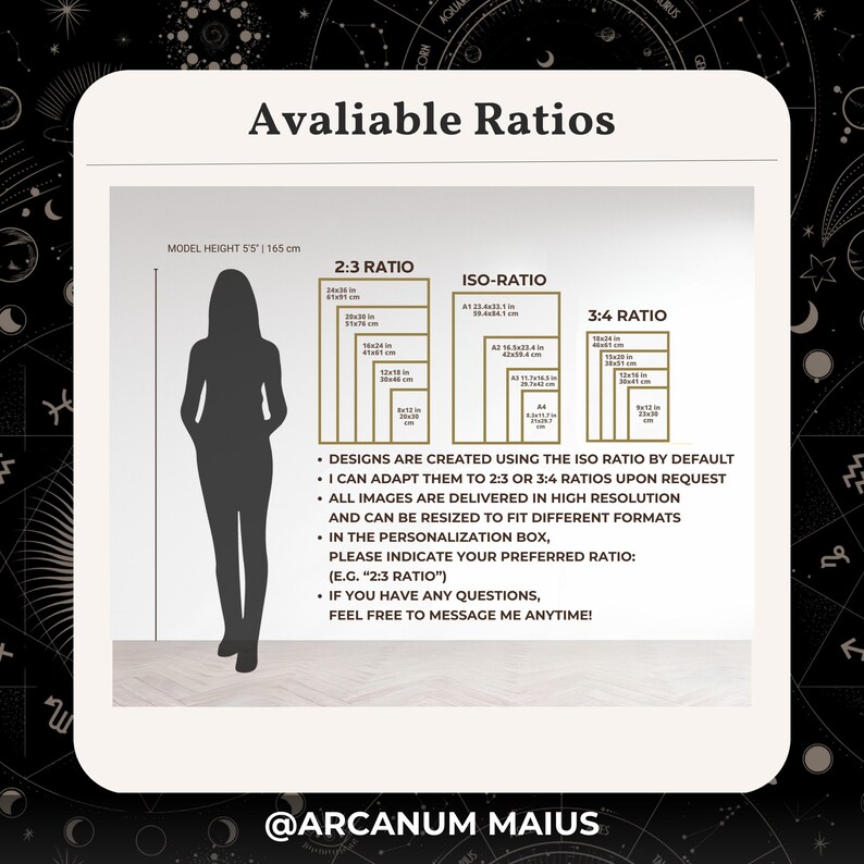 Peut inclure: Un graphique pr&eacute;sentant les formats d'impression disponibles pour les &oelig;uvres d'art. L'image comprend une silhouette d'une personne, des exemples de tailles en centim&egrave;tres et en pouces, et du texte expliquant les options de personnalisation. Le texte comprend "2:3 RATIO", "ISO-RATIO", et "3:4 RATIO".