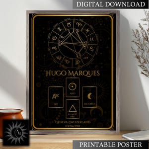 Goudzwart, aangepaste geboortehoroscoop, astrologieposter, ruimtehuisdecoratie, verjaardagscadeau, dierenriemwiel, elegante astrologiekunst