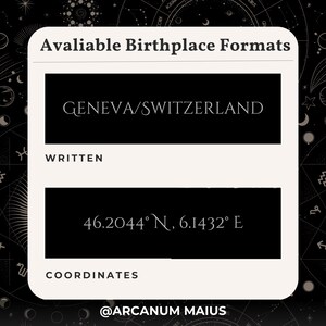 Peut inclure: Graphique num&eacute;rique avec le texte "Formats de lieu de naissance disponibles". Il pr&eacute;sente deux options : "GEN&Egrave;VE/SUISSE" et les coordonn&eacute;es g&eacute;ographiques "46.2044&deg; N, 6.1432&deg; E". Le fond a un th&egrave;me c&eacute;leste.