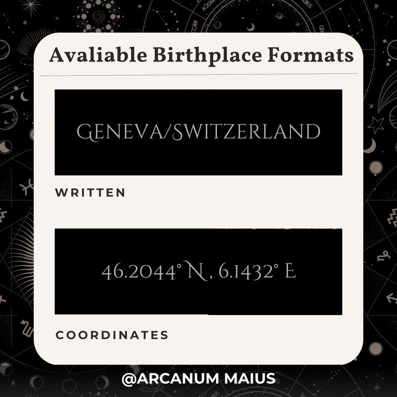 Peut inclure: Graphique num&eacute;rique avec le texte "Formats de lieu de naissance disponibles". Il pr&eacute;sente deux options : "GEN&Egrave;VE/SUISSE" et les coordonn&eacute;es g&eacute;ographiques "46.2044&deg; N, 6.1432&deg; E". Le fond a un th&egrave;me c&eacute;leste.