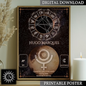 Planeta Plutón, Carta Natal Personalizada, Mapa Astrológico Personalizado, Impresión Digital, Póster Decorativo, Regalo Simbólico de Cumpleaños, Arte Místico Esotérico
