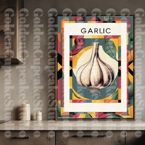 Set of 5 Garlic Kitchen Wall Art Prints , Retro Modern Vegetable Poster Bundle ,Kitchen Decor, Digital Download