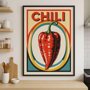 Afdrukbare chili-muurkunst Set van 4 pittige keukenprints, retro groenteposters