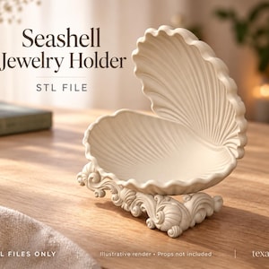 May include: A cream-coloured seashell jewellery holder with a scalloped edge and an open shell design. The base features ornate, swirling scrollwork details. The text reads Seashell Jewelry Holder, STL FILE, DIGITAL FILES ONLY.