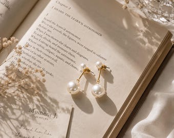 Gold-Tone Double Pearl Drop Earrings, Bridal Jewelry