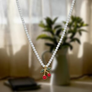 Pearl Necklace with Cherry Pendant | Cherry Necklace | Cute pendant | Cherry | Gift for Her |