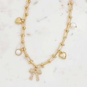 Bow Charm Necklace | Pearl & Heart Pendant Chain | Layered Look Jewelry | Romantic Style | Bow pendant | Bow necklace | Unique Gift |