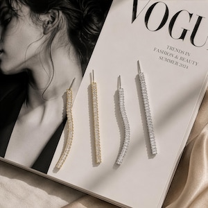 Long Baguette Crystal Stick Drop Earrings – Gold & Silver-Tone Sparkling Linear Design