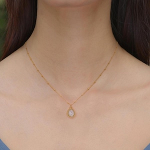 Teardrop Opal Pendant Necklace: Gold & Silver Beaded Chain, Minimalist Jewelry