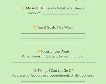 ADHD Weekly Planner for Women: Neurodivergent Focus Tool (Printable PDF)