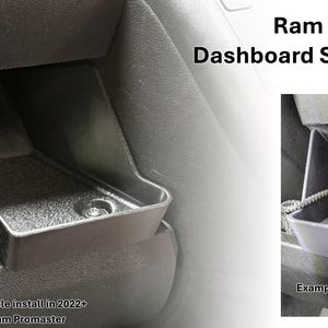 May include: A black dashboard storage bin for a Ram Promaster van. The image shows the bin installed in a vehicle, with text indicating compatibility with 2022+ and 2014-2021 models. The bin is designed to fit into the dashboard.