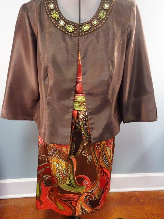 Size 14 dress with jacket, orange, brown and green