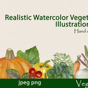 Op de afbeelding: Waterverfillustratieset met verschillende groenten, waaronder een pompoen, tomaten, broccoli en een wortel. De tekst luidt "Realistic Watercolor Vegetable Illustration Set" en "Hand drawing". De afbeelding bevat ook de tekst "jpeg png" en "Vegetables".