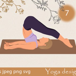 May include: Illustration of a person in the yoga plow pose, wearing purple leggings and a light purple top, on a brown mat. The background features floral line art and the number 7 in a circle. Text at the bottom reads "Yoga designs".