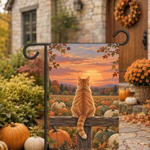 Autumn Tabby Cat Garden or House Flag - Pumpkin Patch Cottagecore Outdoor Yard Decor