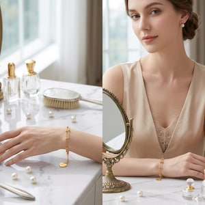 Sophisticated woman wearing dainty 18K gold bracelet at vanity mirror