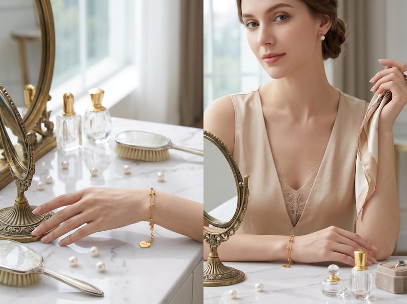 Sophisticated woman wearing dainty 18K gold bracelet at vanity mirror