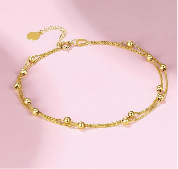 Solid Gold Bracelet 18K Chopin Starry Sky | Double Row Dainty Beaded Chain Women Jewelry