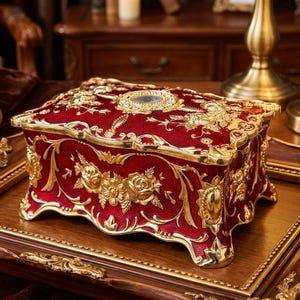 May include: A red jewelry box with gold floral accents and a decorative gold trim. The box is square-shaped and sits on a wooden tray with gold trim. The box has a decorative oval jewel on the top.
