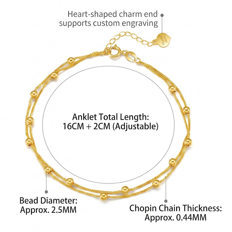 Chopin chain bracelet size chart showing 16cm length 2.5mm beads 0.44mm width