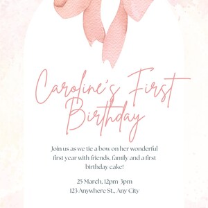 First Birthday Invitation for Girl | Light Pink & Bow Theme | Editable Digital Download