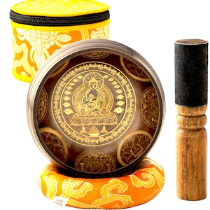 Tibetan Singing Bowl Set—Meditation Sound Bowl Handcrafted in Nepal for Yoga, Chakra Healing, Mindfulness and Stress Relief Gift (Buddha)